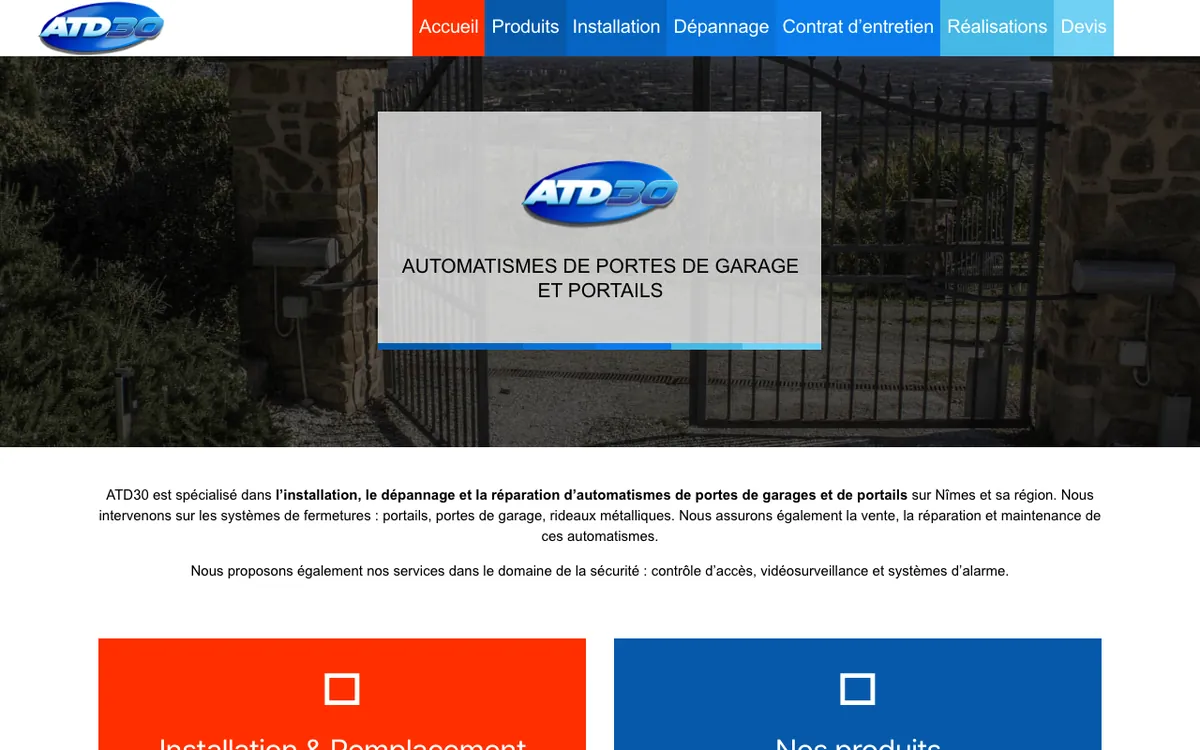 Ancien site d'ATD30 en mars 2025 : menu en aplats bleus, photo d'un portail et titre Automatismes de portes de garage et portails