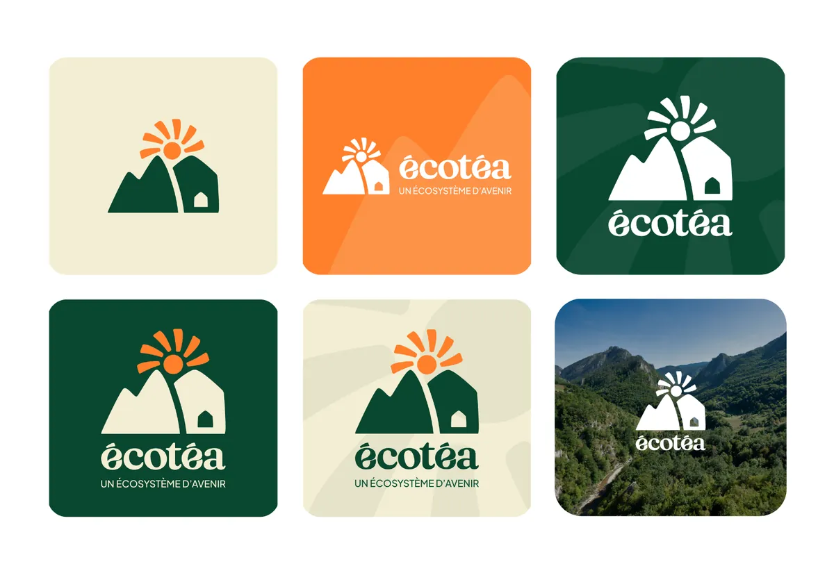 Déclinaisons du logo Écotéa en vert, orange et crème, et sur un paysage de gorges